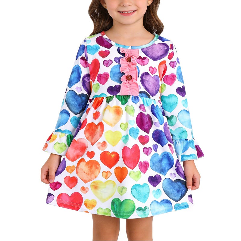 DACSOIT Valentines Toddler Girl Dress Love Hearts Print Ruffle Bottom Long Sleeve Casual Dress 6-7Y - Image 1