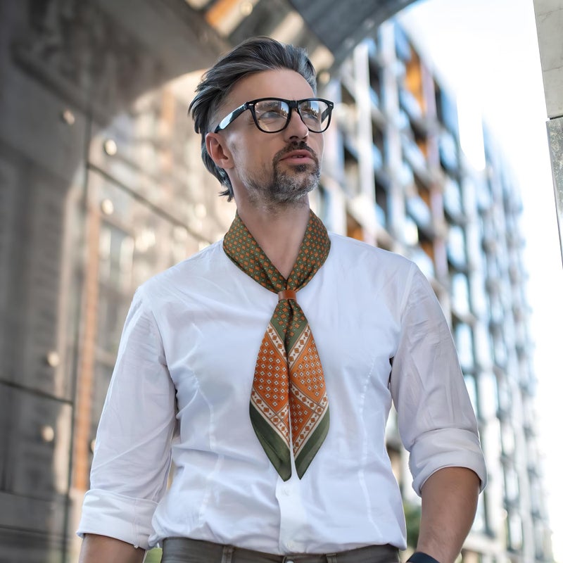Men's Silk Scarf 70 X 70 Cm Army Green Multi-Way Styling - Year-Round Breathable Comfort Silk Neckerchief for Western Outdoor Activities, Cowboys And Casual Daily Use - Image 2