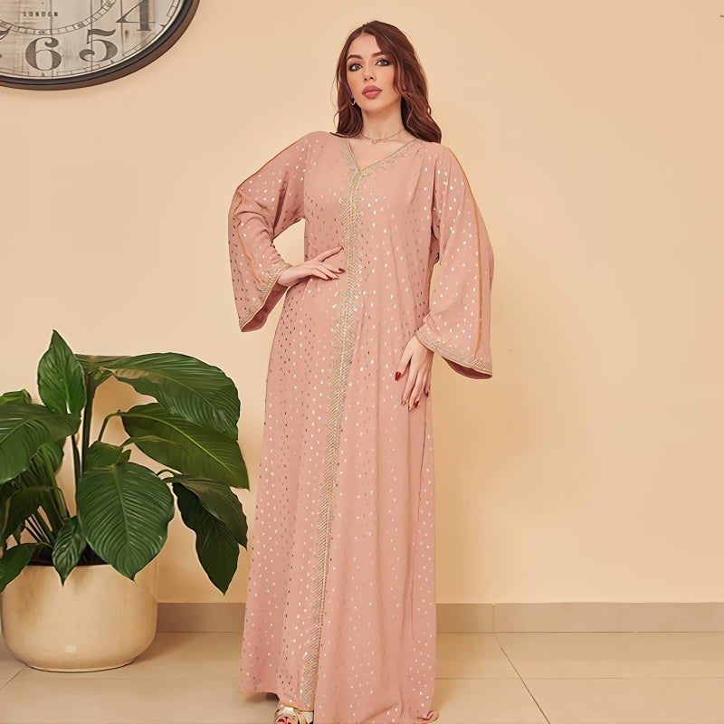 FPOVFPO Womens Muslim Abaya Dress One-Piece V Neck Bronzing Dress Islamic Full Length Kaftan Daily Casual Dress Pink - Image 3