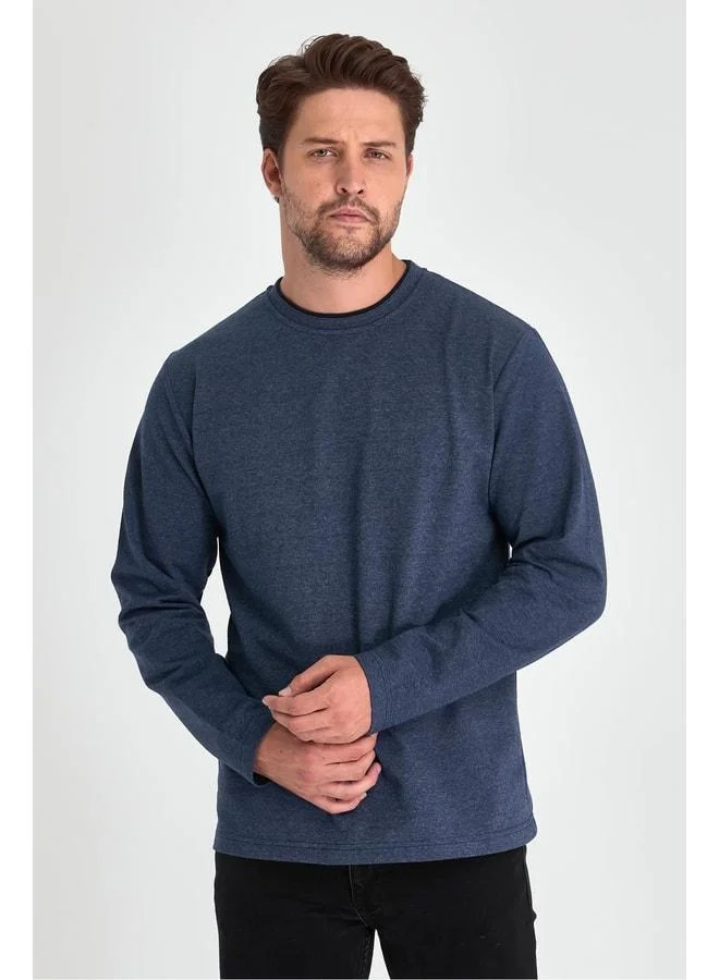 Mmetalic  Men's Indigo Double-Layer Crew Neck Standard Relaxed Fit Sweatshirt for Men | Best Price UAE