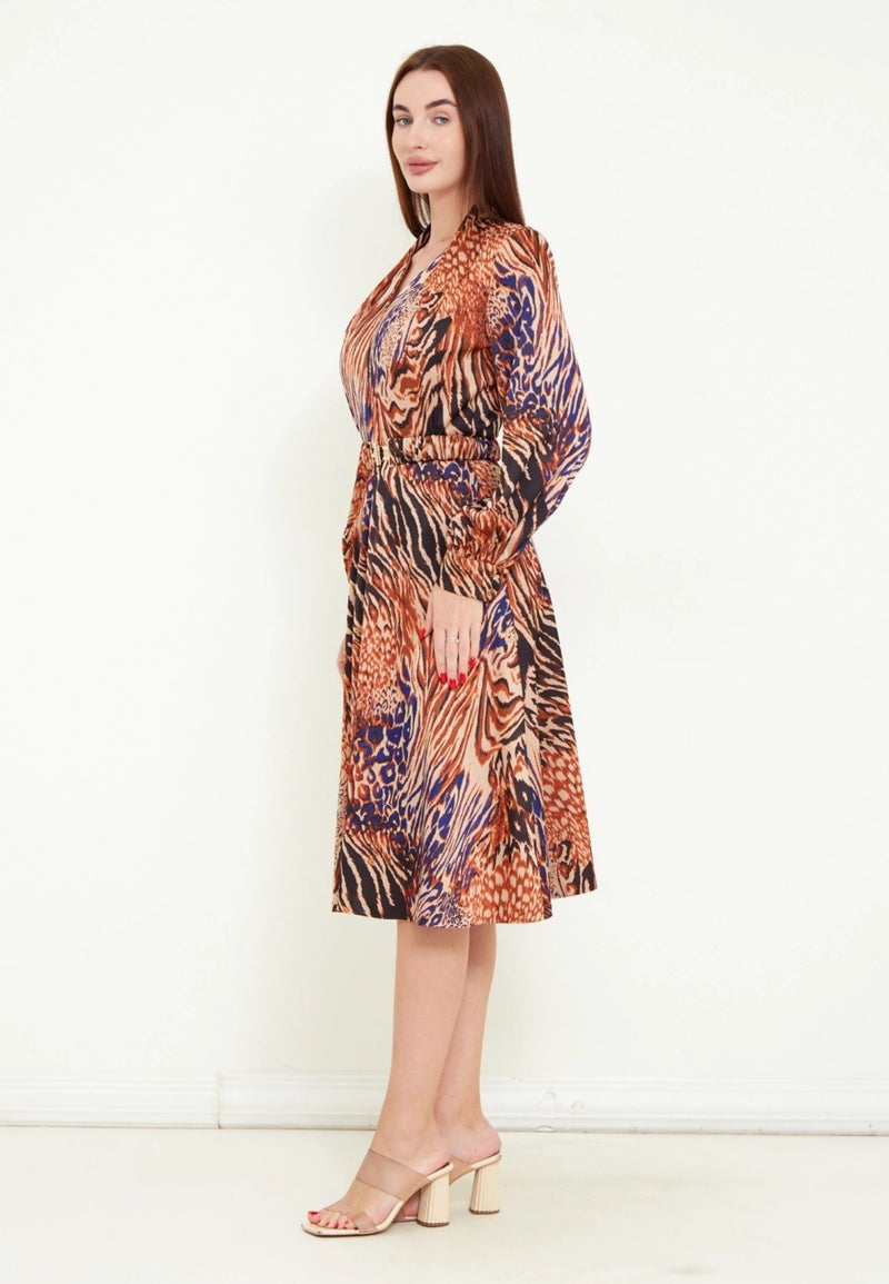 Modatalika Women's Special Design Patterned Digital Printed Satin Belted Dress - Image 2