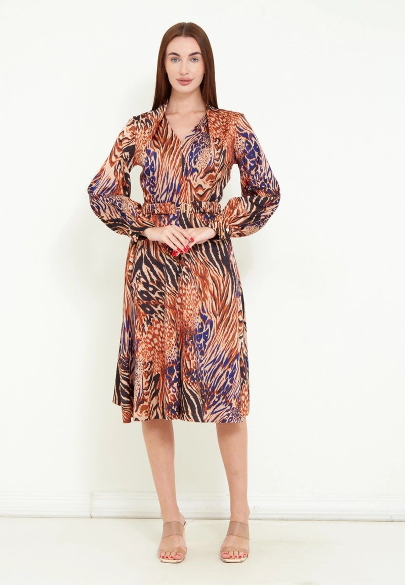 Modatalika Women's Special Design Patterned Digital Printed Satin Belted Dress - Image 1