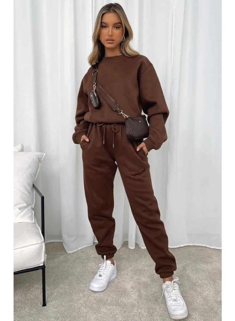 general Winter/ Autumn Solid-color Round-neck Pullover Pants for Women - Fashionable Casual Long-sleeved Sweatshirt Set - Image 1