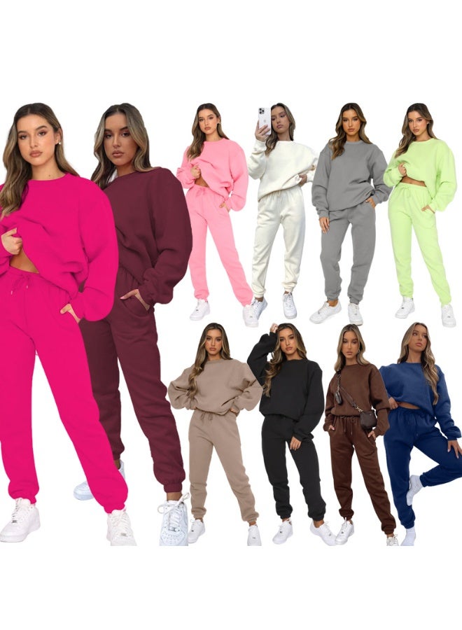 general Winter/ Autumn Solid-color Round-neck Pullover Pants for Women - Fashionable Casual Long-sleeved Sweatshirt Set - Image 2