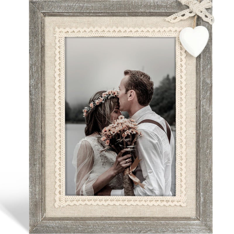 Sapowerntus 5x7 Picture Frames Rustic Wood Farmhouse Cute Heart Love Solid Wooden Family Photo Frame Lace Bow Glass Boho Wall Decor Hanging Tabletop Kids Mom Mother Wedding Gift