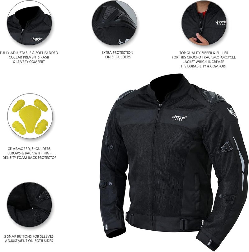 ChoCho Track Mesh Motorcycle Jacket for Men - Summer Motorbike Riding Jacket with Armor Protection (Small, Black) - Image 3