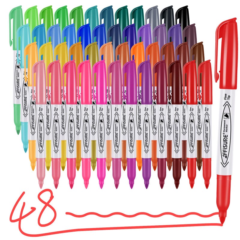 Affisure 48 Colors Permanent Markers Assorted Colors Vibrant Markers Fine PointWorks on Wood Plastic Metal and More for Adults Artist Teacher Kids 48 Pack - Image 2