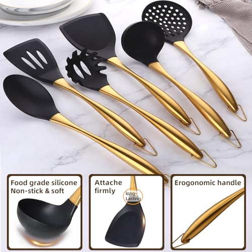 QRU Kitchen Utensils Set, Large Non-stick Silicone Cooking Utensils Set 6 Pcs,Made of 446°F Heat Resistant Food Grade Silicone and Stainless Steel Handles,Easy to Clean Kitchen Gadgets Set (Gold) - Image 2
