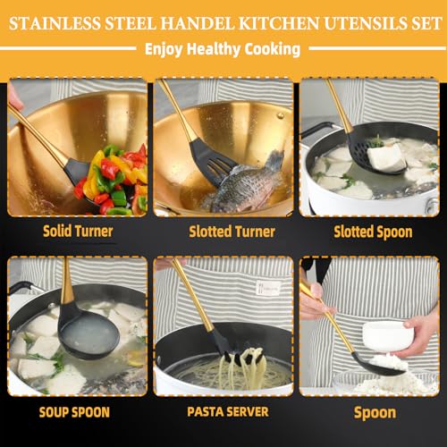 QRU Kitchen Utensils Set, Large Non-stick Silicone Cooking Utensils Set 6 Pcs,Made of 446°F Heat Resistant Food Grade Silicone and Stainless Steel Handles,Easy to Clean Kitchen Gadgets Set (Gold) - Image 3