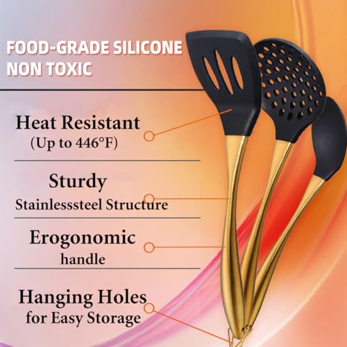 QRU Kitchen Utensils Set, Large Non-stick Silicone Cooking Utensils Set 6 Pcs,Made of 446°F Heat Resistant Food Grade Silicone and Stainless Steel Handles,Easy to Clean Kitchen Gadgets Set (Gold) - Image 5