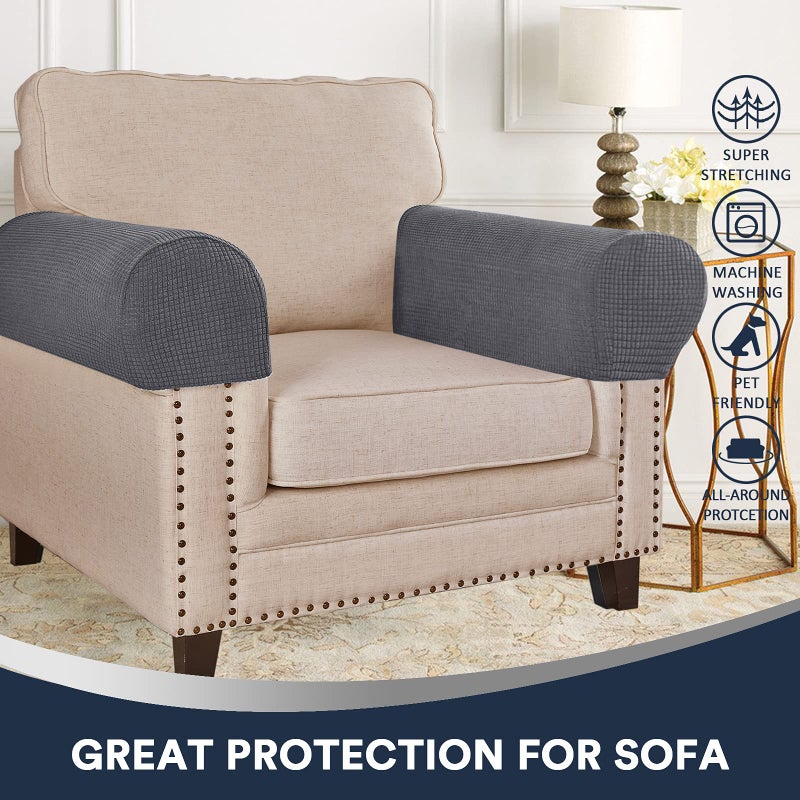 L.VICTEX Stretch Sofa Armrest Covers Spandex Jacquard Arm Covers For Chairs And Sofas Anti-Slip Couch Armrest Covers With Sticker Furniture Armrest Protector For Sofa Couch Chair Recliner  Set Of 2  Grey - Image 2