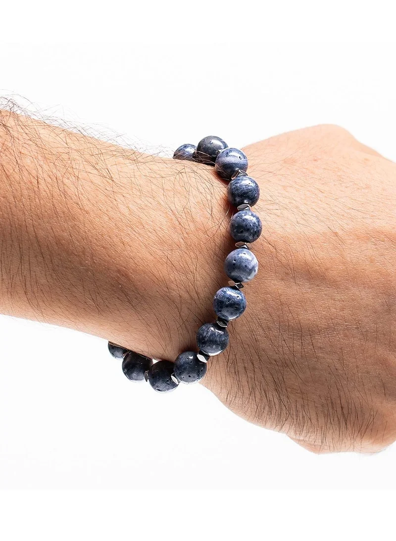 CHRYSOSTOMOS Handmade Beaded Bracelet for Men with Light Blue Agate and Hematite Grommet