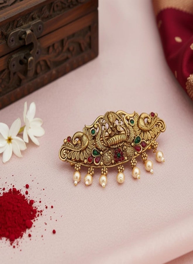 JWELLA Traditional Gold-Plated Hair Barrette Clip With Floral Design And Beads Danglers (Design-6) - Image 2