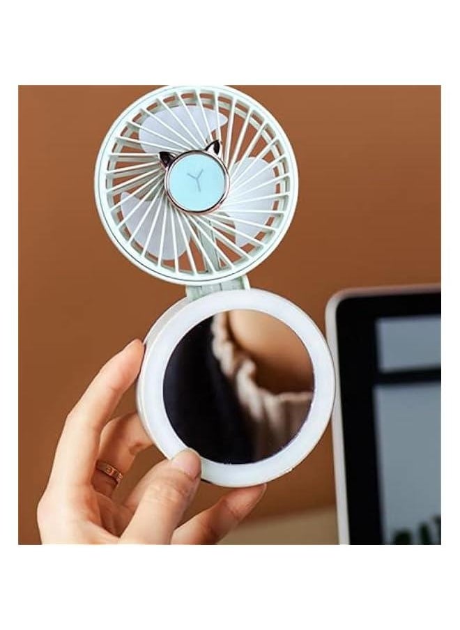 Generic 1 PCS USB Charging Cosmetic Mirror With Light Small Fan Folding Pocket Small Fan Hanging Neck Desktop Handheld Fan (pink)  - Image 5