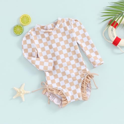 Yccutest Toddler Rash Guard One Piece Swimsuit Baby Girl Long Sleeve Ruffles Swimwear Zipper Bathing Suit Checkerboard Outfit (Khaki,2-3T) - Image 3