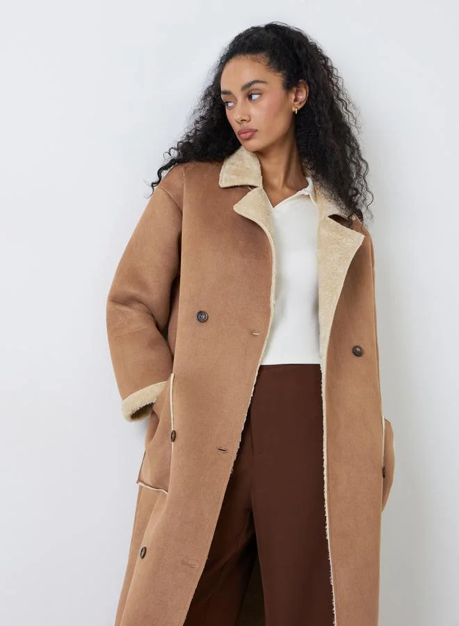 Brown Regular Fit Midi Length Suede Look Faux Fur Coat