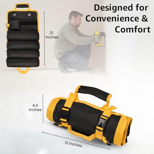 GIGAWATTS Household Tool Bag Roll Up with Pockets Heavy Duty Buckles Multipurpose Tools Organizer Durable Storage Kit for Professional Home Electrician Technician Plumber (Pack of 1, Yellow & Black) - Image 3