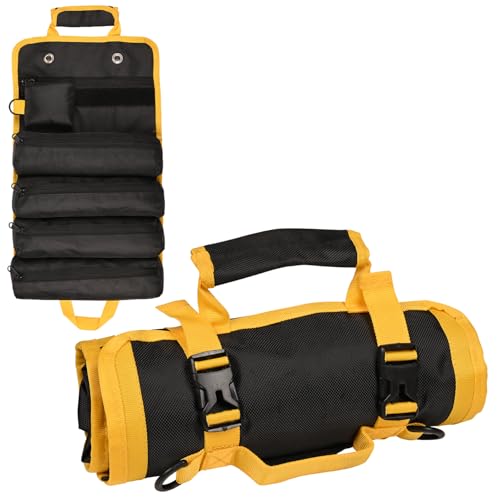GIGAWATTS Household Tool Bag Roll Up with Pockets Heavy Duty Buckles Multipurpose Tools Organizer Durable Storage Kit for Professional Home Electrician Technician Plumber (Pack of 1, Yellow & Black) - Image 1