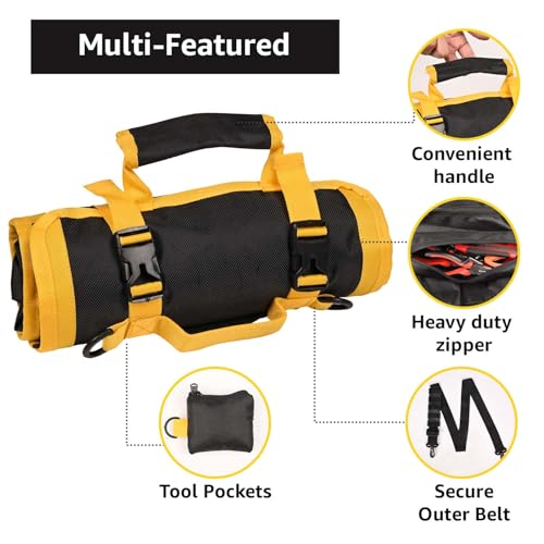 GIGAWATTS Household Tool Bag Roll Up with Pockets Heavy Duty Buckles Multipurpose Tools Organizer Durable Storage Kit for Professional Home Electrician Technician Plumber (Pack of 1, Yellow & Black) - Image 5