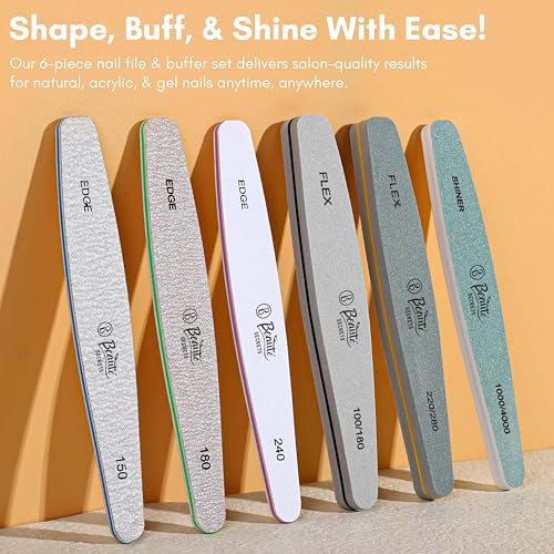 Beauté Secrets Korean Sand Paper 6pcs Nail Files Set for Manicure, Nail Buffer Files Block Coarse Washable Nail Polisher Double Sided Nail Shaper Emery Boards for Acrylic & Natural Nail 100/150/180/220/240/280/1000/4000 Grid (Korean | PNF3) - Image 2