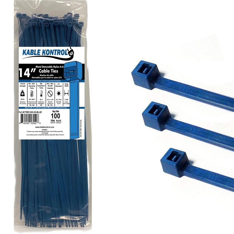 Kable Kontrol Metal Detectable Blue Zip Ties 100 Pcs 14 Inch 50 Lbs Tensile Strength Iron Infused SelfLocking Industrial Cable Ties