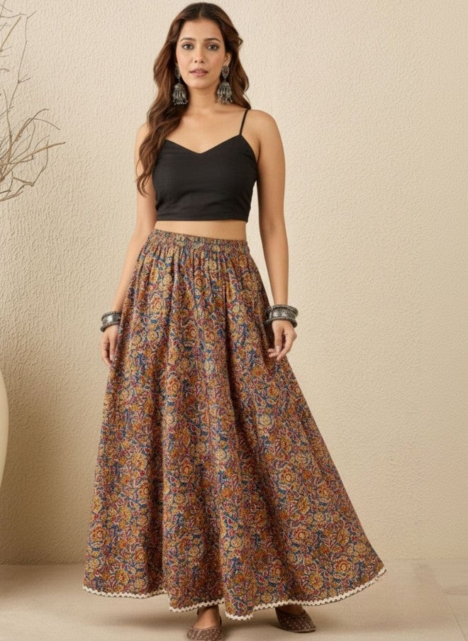 WineRed Floral Printed Maxi Flared Skirt in Pure Cotton - Image 1