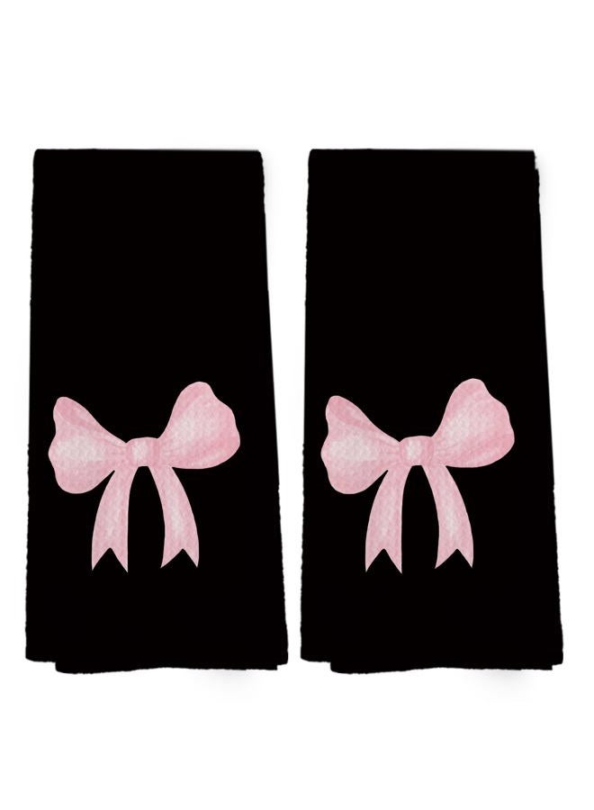Mcehtle Coquette Black Pink Bow Girls Gifts Kitchen Towels Set of 2, College Dorm Bow Ribbon Hand Towels for Bathroom Decorative Dish Towels, Coquette Girly Bathroom Decor, 16x24 Inch - Image 1