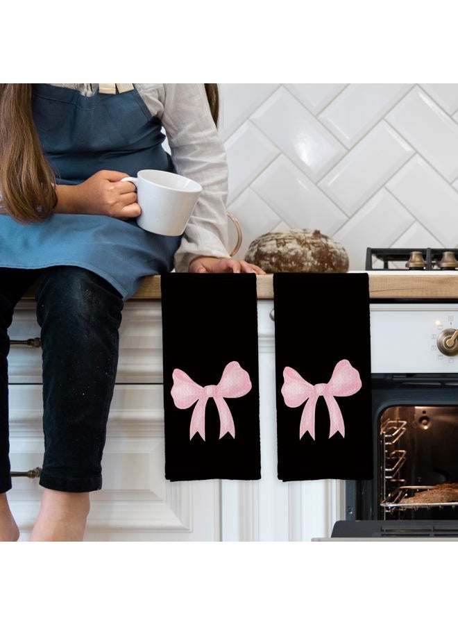 Mcehtle Coquette Black Pink Bow Girls Gifts Kitchen Towels Set of 2, College Dorm Bow Ribbon Hand Towels for Bathroom Decorative Dish Towels, Coquette Girly Bathroom Decor, 16x24 Inch - Image 3