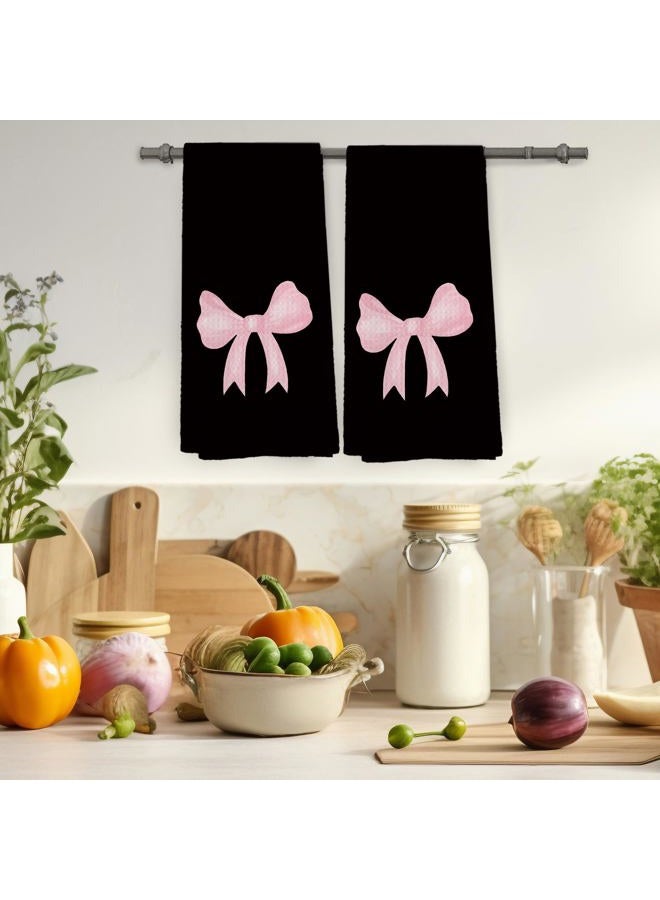 Mcehtle Coquette Black Pink Bow Girls Gifts Kitchen Towels Set of 2, College Dorm Bow Ribbon Hand Towels for Bathroom Decorative Dish Towels, Coquette Girly Bathroom Decor, 16x24 Inch - Image 4