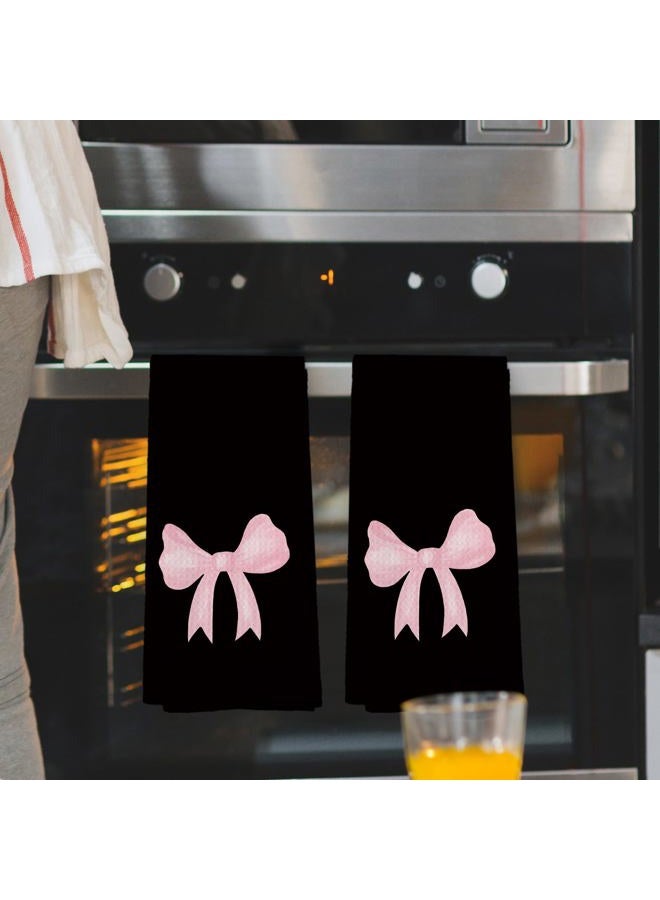 Mcehtle Coquette Black Pink Bow Girls Gifts Kitchen Towels Set of 2, College Dorm Bow Ribbon Hand Towels for Bathroom Decorative Dish Towels, Coquette Girly Bathroom Decor, 16x24 Inch - Image 2