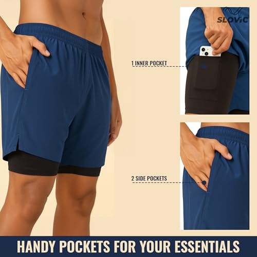 SLOVIC Running Shorts for Men Stylish [Large] | 2 in 1 Double Layer Shorts | Lightweight & Breathable Gym Shorts for Men Workout | Ideal for Running, Gym & Sports Blue - Image 3