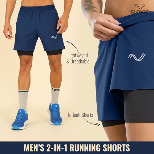 SLOVIC Running Shorts for Men Stylish [Large] | 2 in 1 Double Layer Shorts | Lightweight & Breathable Gym Shorts for Men Workout | Ideal for Running, Gym & Sports Blue - Image 2