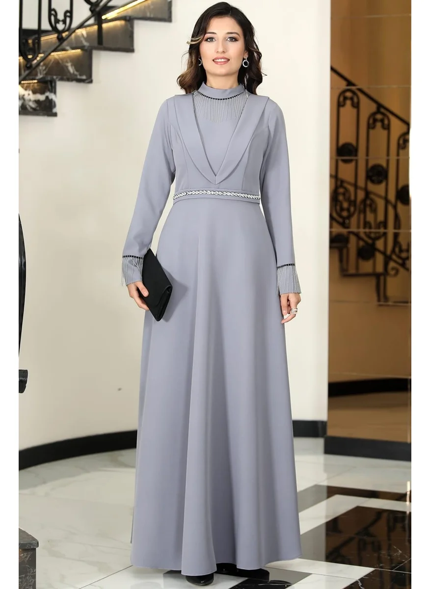 Esilanur Gamze Chain Detailed Hijab Dress Gray