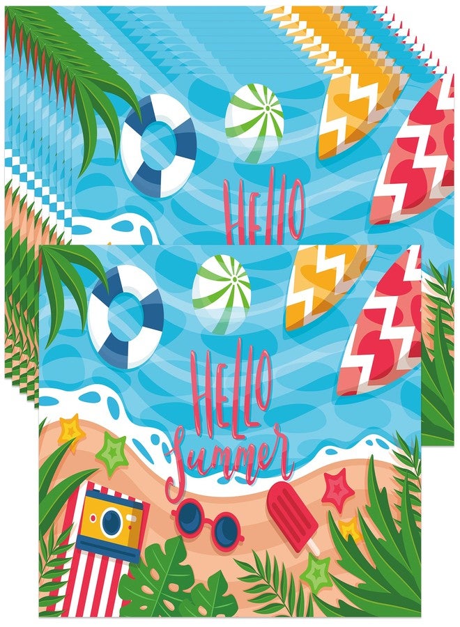 Lucleag 50 PCS Hello Summer Paper Place Mats, Disposable Hello Summer Theme Placemats Decorative Beach Table Placemats for Summertime Dinner Table Birthday Party Decoration, 13.8 x 9.8 in - Image 1
