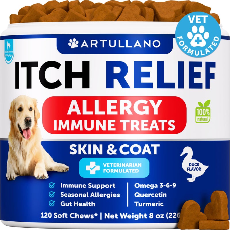 Artullano Dog Allergy Relief Chews - Itching Skin Relief for Dogs - Fish Oil - Omega 3 - Seasonal Allergies Pills - Skin & Coat, Anti Itch,Hot Spots Treatment - Canine Immune Health Supplement - 120 Soft Treats - Image 1