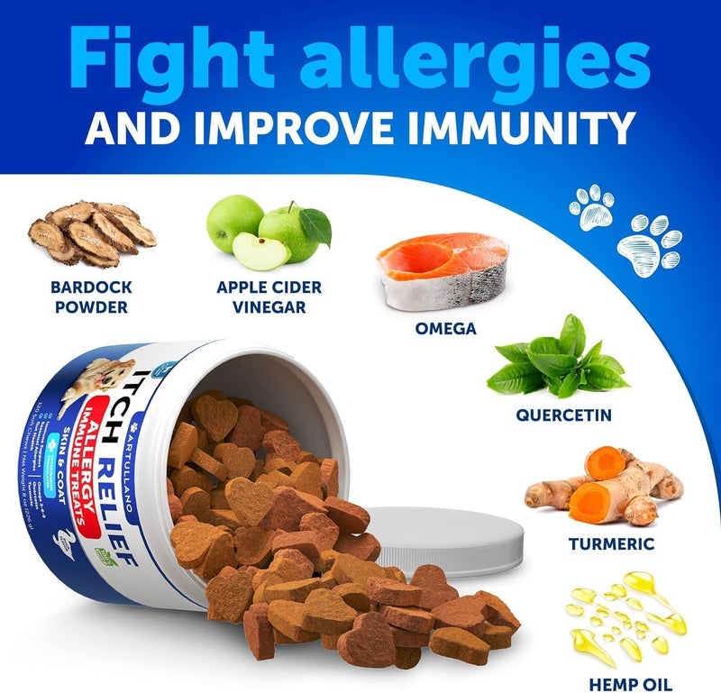 Artullano Dog Allergy Relief Chews - Itching Skin Relief for Dogs - Fish Oil - Omega 3 - Seasonal Allergies Pills - Skin & Coat, Anti Itch,Hot Spots Treatment - Canine Immune Health Supplement - 120 Soft Treats - Image 5