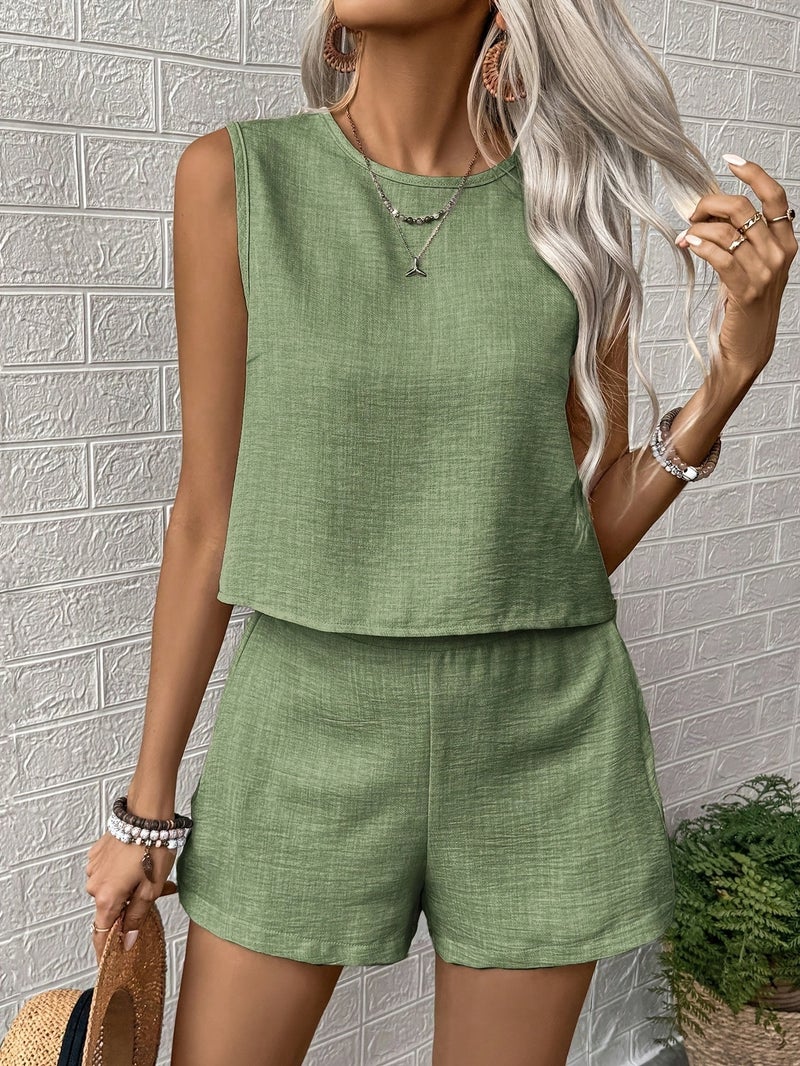 Women's Solid Color Tank Top And Shorts Set Suitable for Vacation/Casual - Image 5