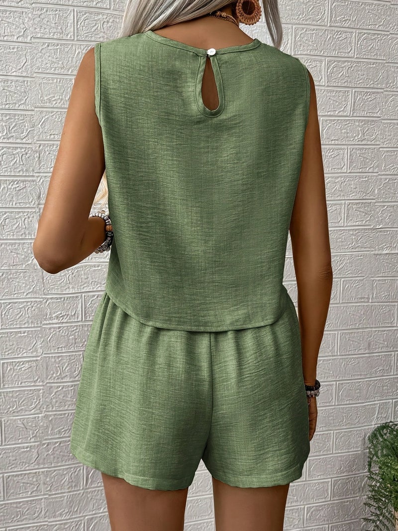 Women's Solid Color Tank Top And Shorts Set Suitable for Vacation/Casual - Image 2