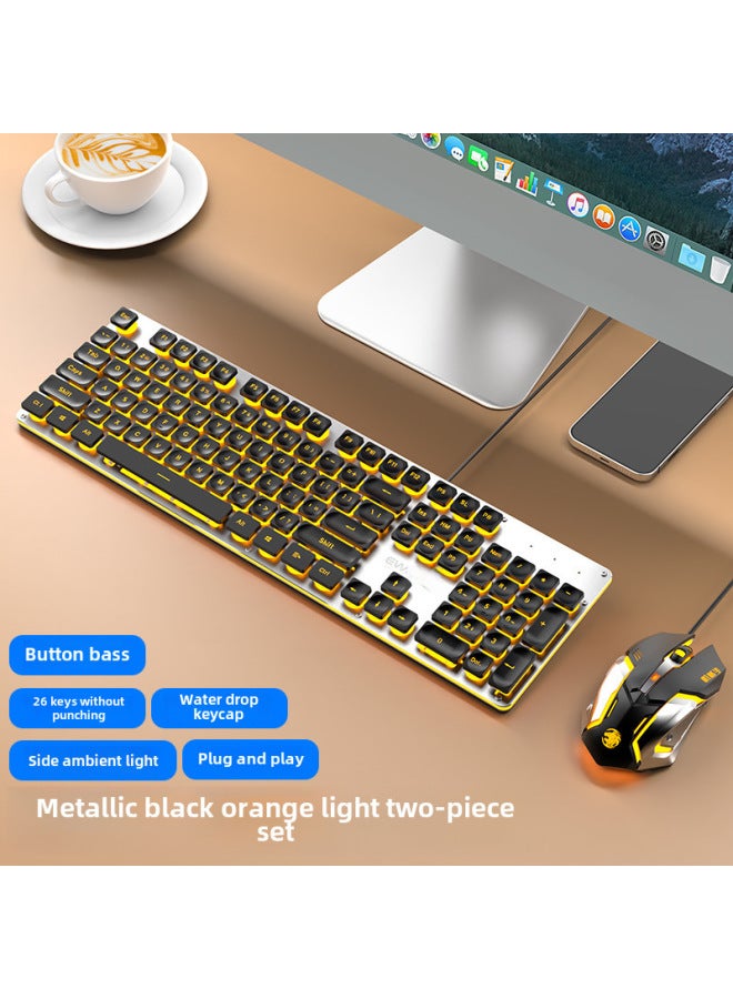Gx710 Wired Silent Keyboard Comfortable Mechanical Feel Suitable For Gaming Office Environments-Color:【Wired Mute 2 Piece Set】 Metal Black-Orange Light + Wired Mute Mouse - Image 1