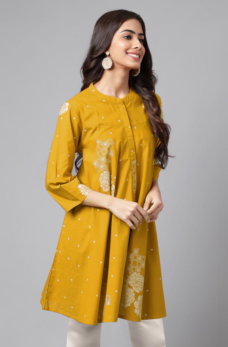 Janasya Women's Mustard Pure Cotton Floral Printed Flared Tunic (JAC24TU01654-S) - Image 5