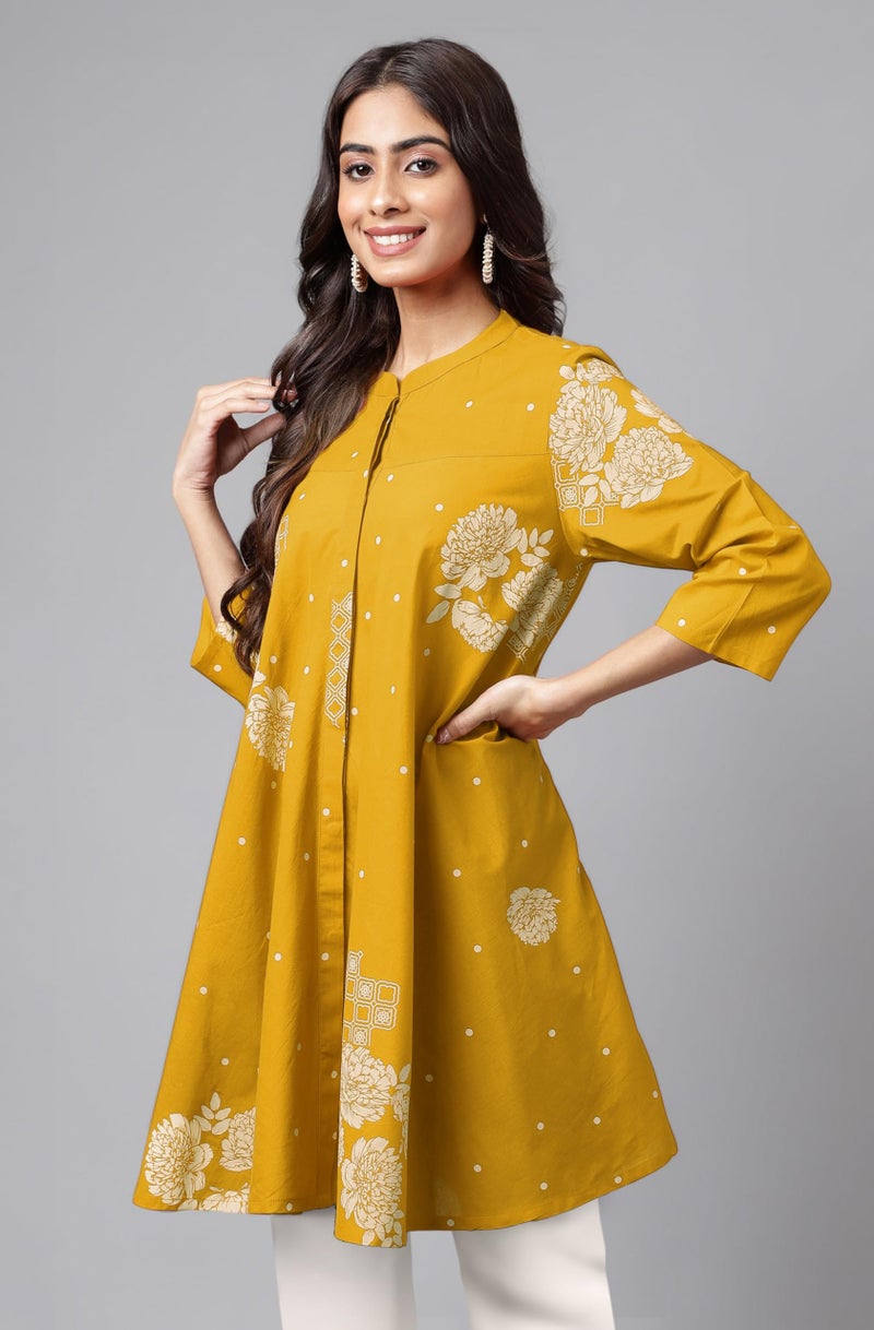 Janasya Women's Mustard Pure Cotton Floral Printed Flared Tunic (JAC24TU01654-S) - Image 4