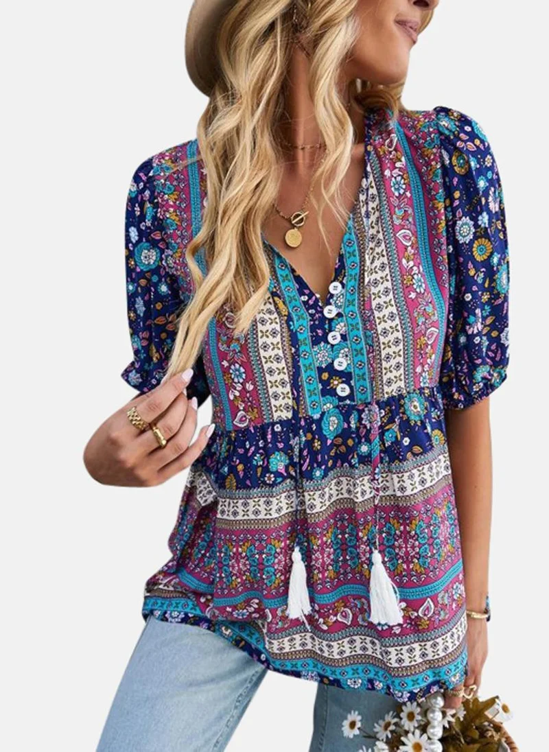 يونيكي Navy Blue V-Neck Printed Top