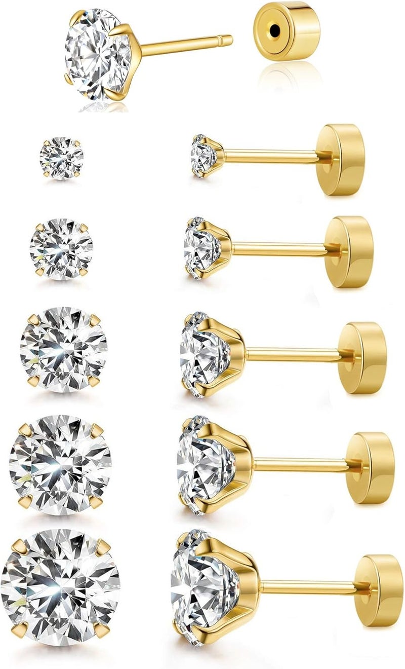 Kainier Women's 14K Gold Plated CZ Stud Earrings Simulated Diamond Round Cubic Zirconia Ear Stud Set（5 Pairs)… - Image 1