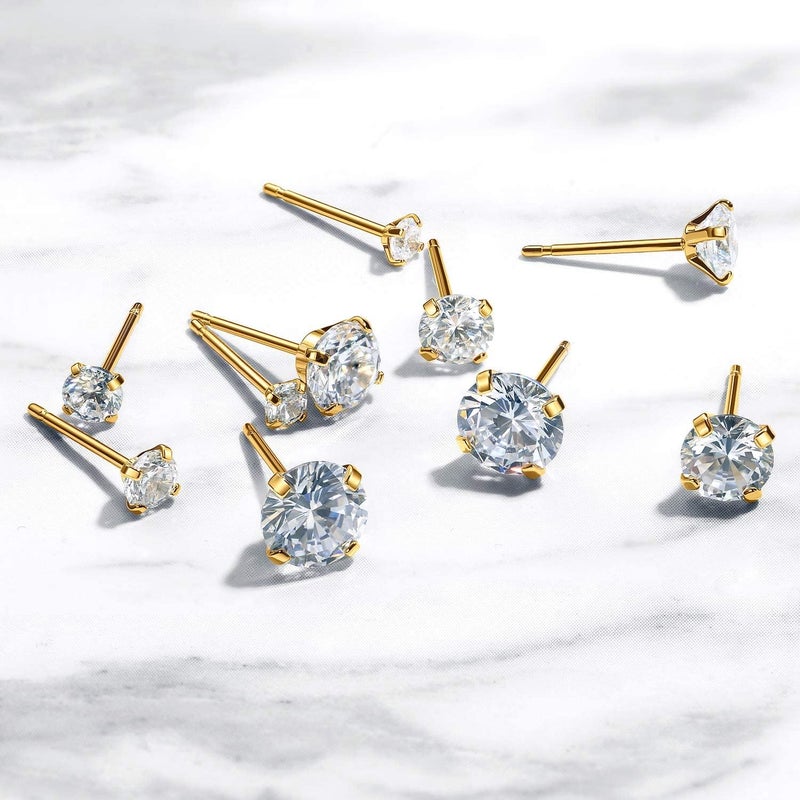 Kainier Women's 14K Gold Plated CZ Stud Earrings Simulated Diamond Round Cubic Zirconia Ear Stud Set（5 Pairs)… - Image 4