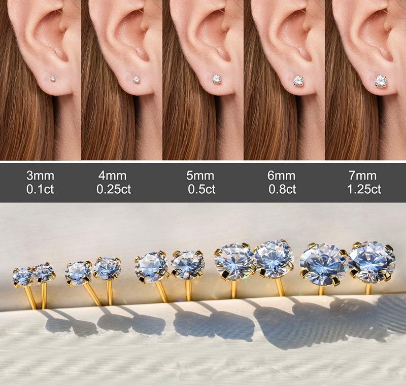 Kainier Women's 14K Gold Plated CZ Stud Earrings Simulated Diamond Round Cubic Zirconia Ear Stud Set（5 Pairs)… - Image 3