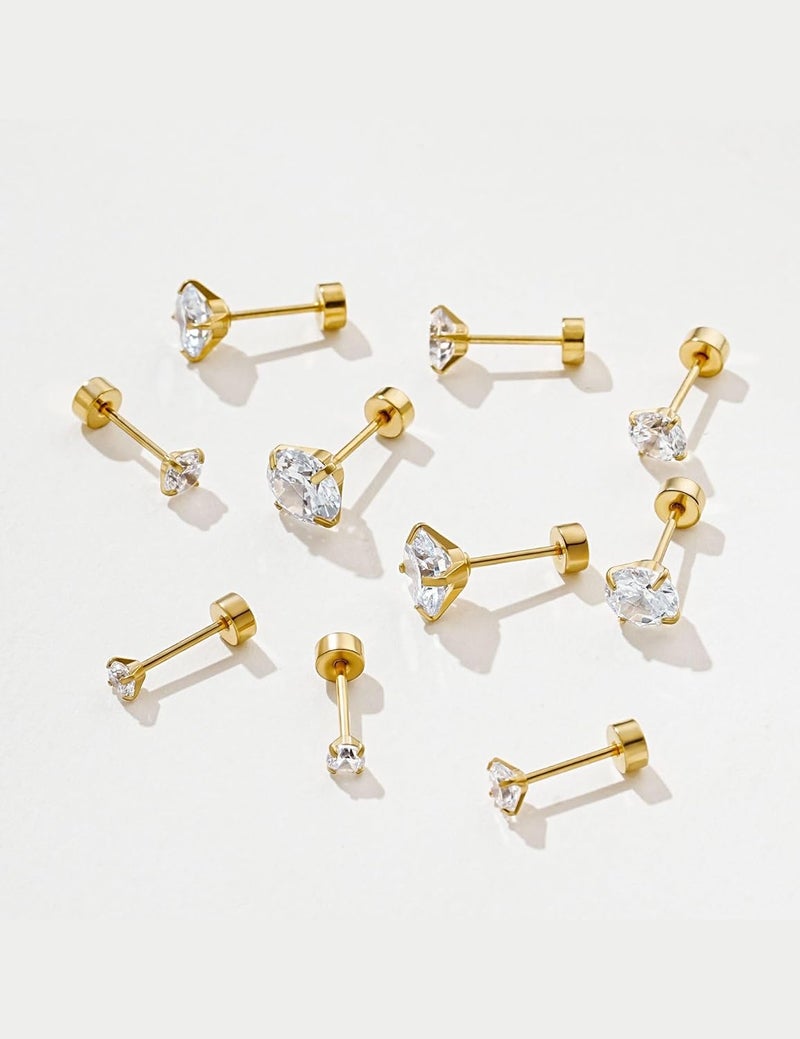 Kainier Women's 14K Gold Plated CZ Stud Earrings Simulated Diamond Round Cubic Zirconia Ear Stud Set（5 Pairs)… - Image 5
