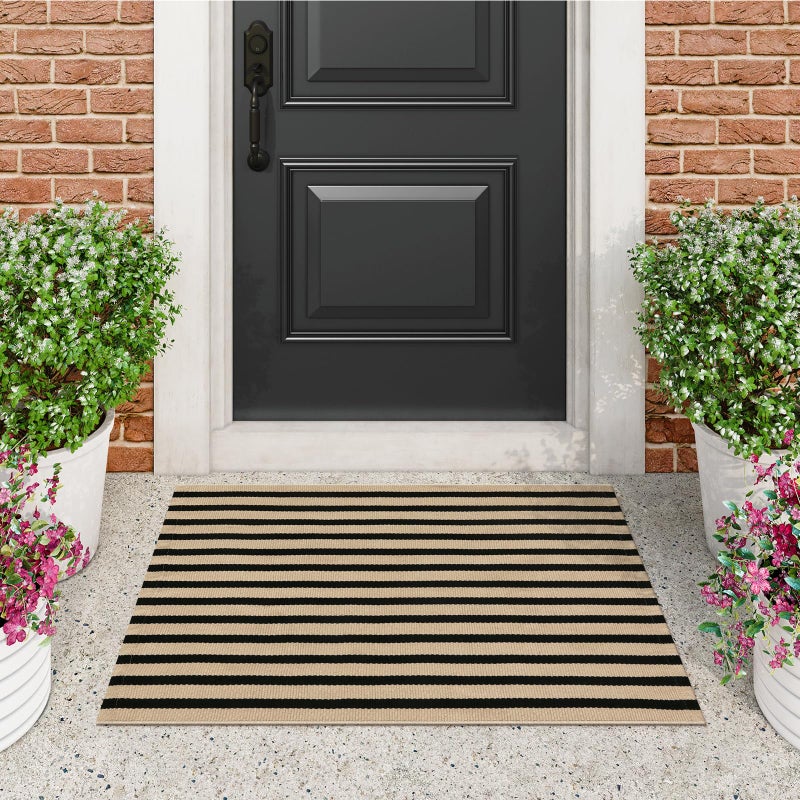 LEEVAN Collive Black and Tan Striped Outdoor Rug  2 x 3 Small Cotton Front Porch Rug Washable Front Door Mat Outside Entrance  Woven Reversible Welcome Mat Modern Outdoor Entry Layering Rug for Bathroom - Image 1