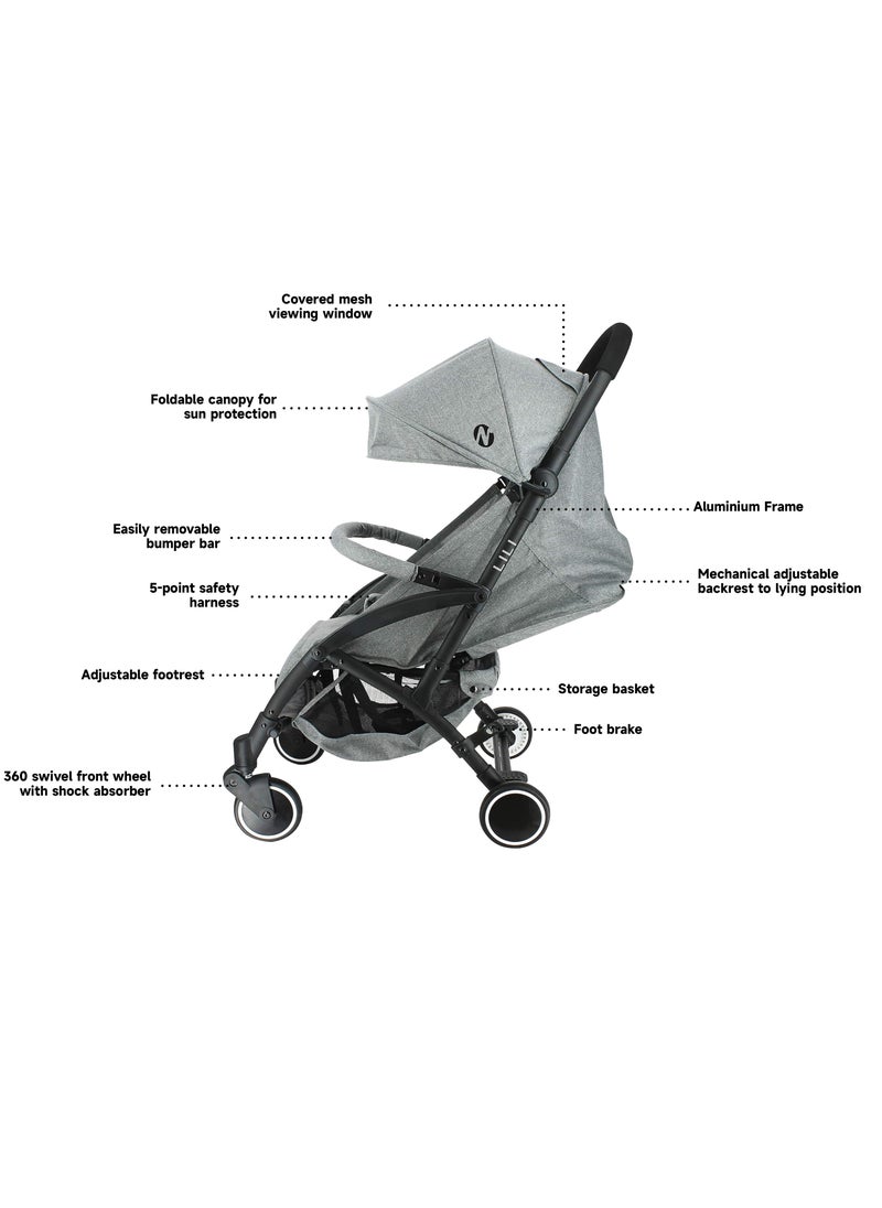 Nania - Nania LILI Compact Stroller, Grey, Aluminum, Lightweight 6KG, 0-15kg, 360° Swivel Wheels, Reclining Backrest, Compact Fold, 5-Point Harness, Sun Canopy, Storage Basket, Easy Maneuverability, from 0M+ - Image 1
