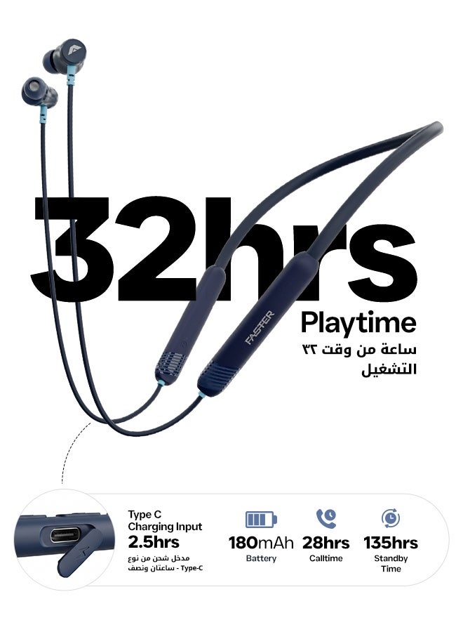 Faster Sports Neckband In-Ear Wireless Earphones - Noise Canceling Headphones with Mic - Superior Bass Earbuds with 28 Hours of Call Time - IPX4 Waterproof, Fast Charging, Magnetic Buds, and Voice Assistant - For Exercise, Gym, Music (Blue) - Image 2