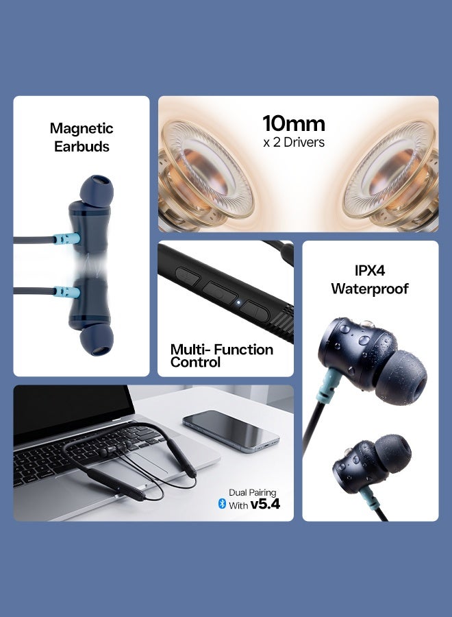 Faster Sports Neckband In-Ear Wireless Earphones - Noise Canceling Headphones with Mic - Superior Bass Earbuds with 28 Hours of Call Time - IPX4 Waterproof, Fast Charging, Magnetic Buds, and Voice Assistant - For Exercise, Gym, Music (Blue) - Image 5